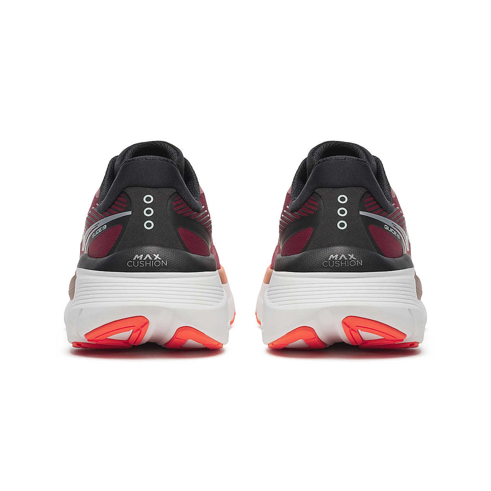 Men's Saucony Guide 19 Running Shoes Crimson Fire heel view showing maximum PWRRUN cushioning stack and CenterPath Technology support