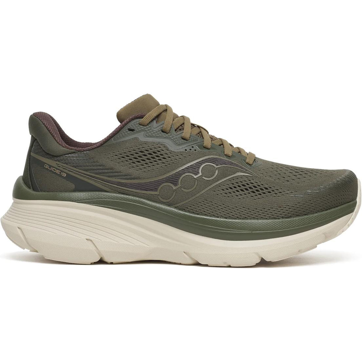 A single Saucony Men’s Guide 19 Running Shoe in Fatigue / Field (olive green) with a thick beige sole, mesh upper, and lace-up design is shown from the side on a white background—ideal for runners looking for maximum cushioning.