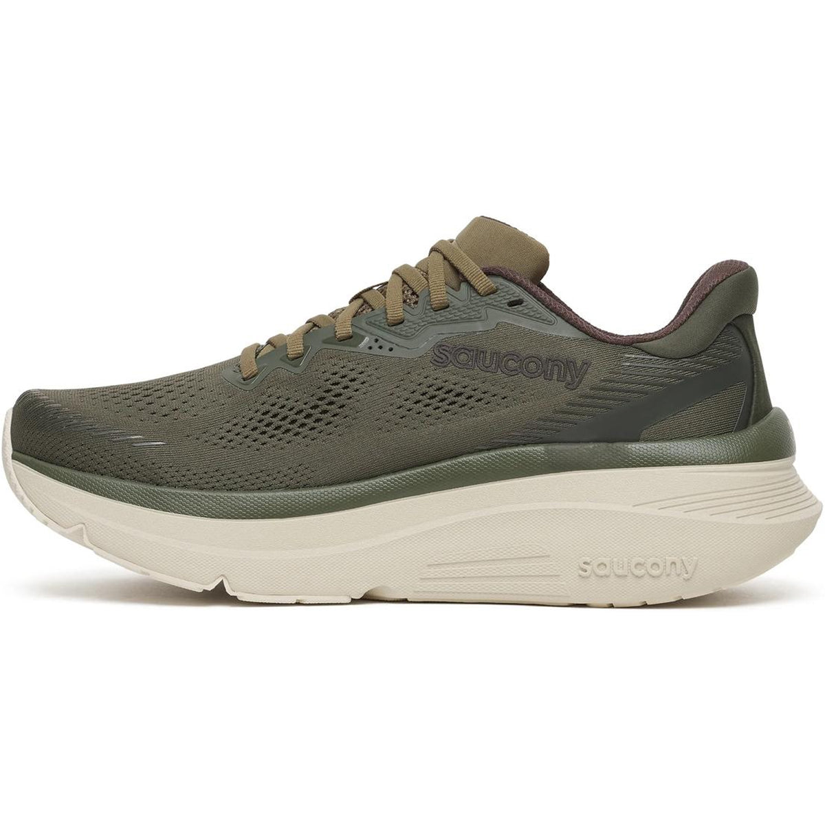 A side profile of the Saucony Men’s Guide 19 Running Shoes in Fatigue/Field is shown against a white background, featuring a breathable olive green mesh upper, dark green accents, and a thick off-white cushioned sole engineered for maximum comfort.