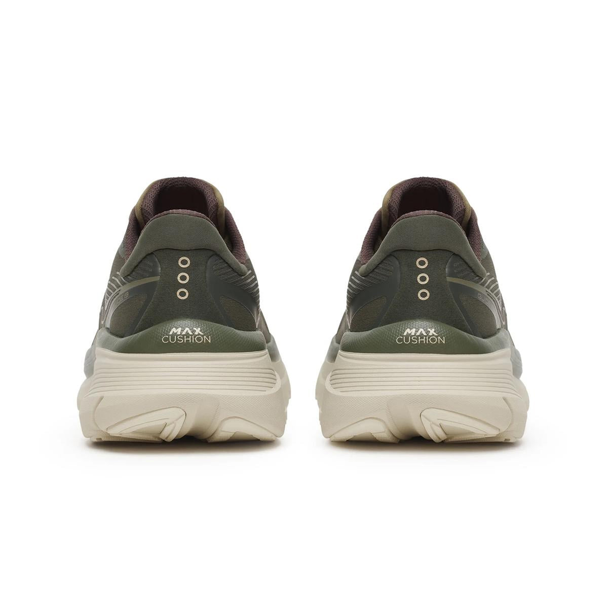 A pair of Saucony Men’s Guide 19 Running Shoes in Fatigue / Field, shown from the back with thick beige soles and “MAX CUSHION” text near the heels, designed for maximum cushioning.