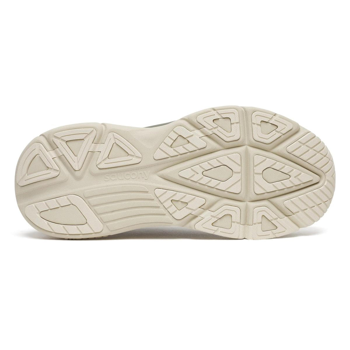 The beige rubber sole of the Men’s Guide 19 Running Shoes Fatigue / Field by Saucony is shown from underneath, featuring geometric tread patterns engineered for traction and flexibility. The Saucony brand name is embossed at the center, emphasizing a commitment to delivering maximum cushioning with every step.