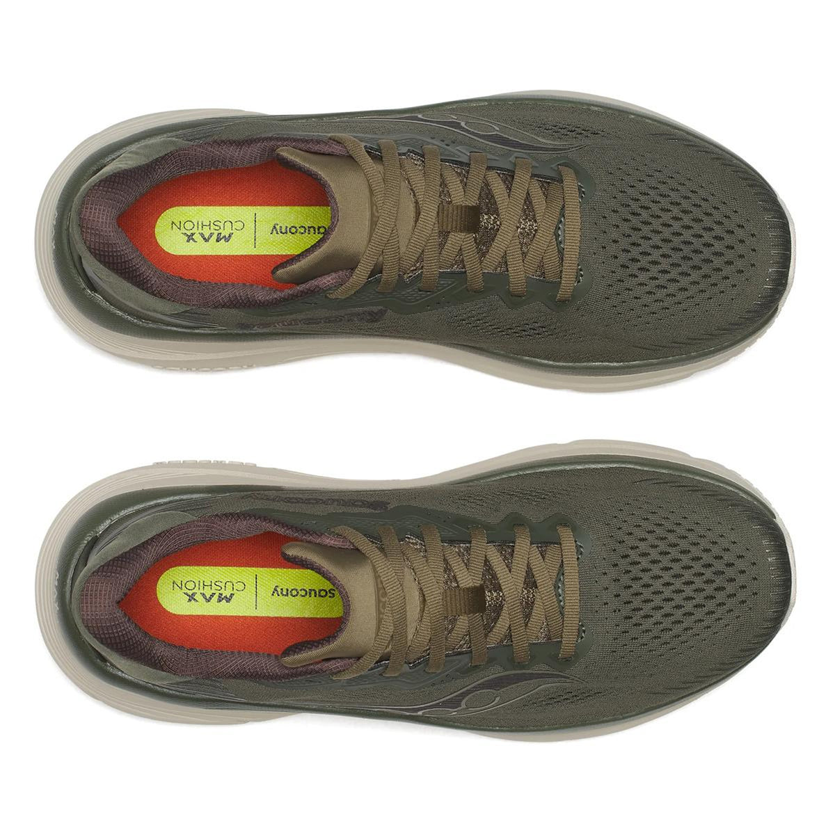 Top view of a pair of Saucony Men’s Guide 19 Running Shoes in Fatigue / Field with brown laces, orange and yellow insoles labeled MAX CUSHION for superior cushioning, and light gray soles, placed side by side on a white background—the perfect introduction to the latest from Saucony.