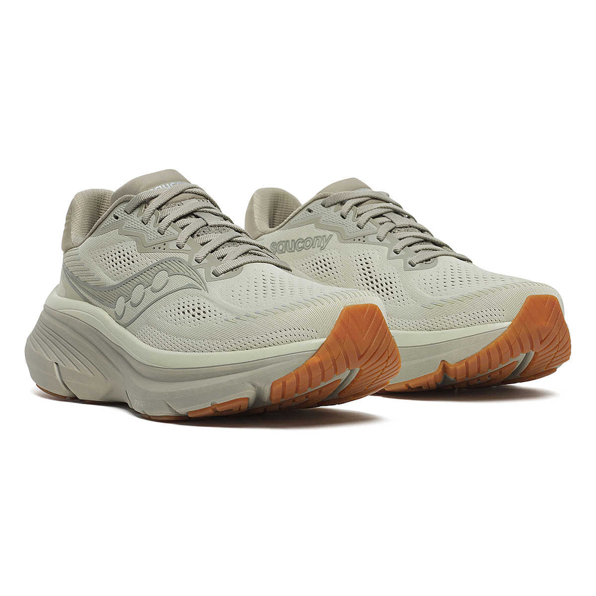 Men's Saucony Guide 19 Running Shoes Sage Gum pair angled side view showing softer PWRRUN cushioning, CenterPath guided support and adaptive mesh upper
