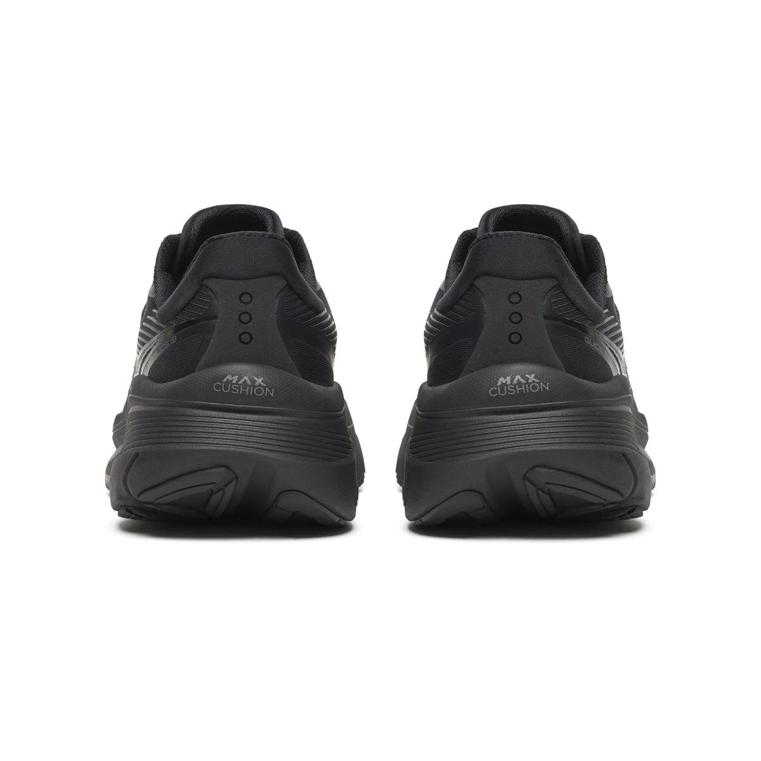 Men's Saucony Guide 19 Running Shoes Triple Black heel view showing cushioned stability construction for supportive everyday running