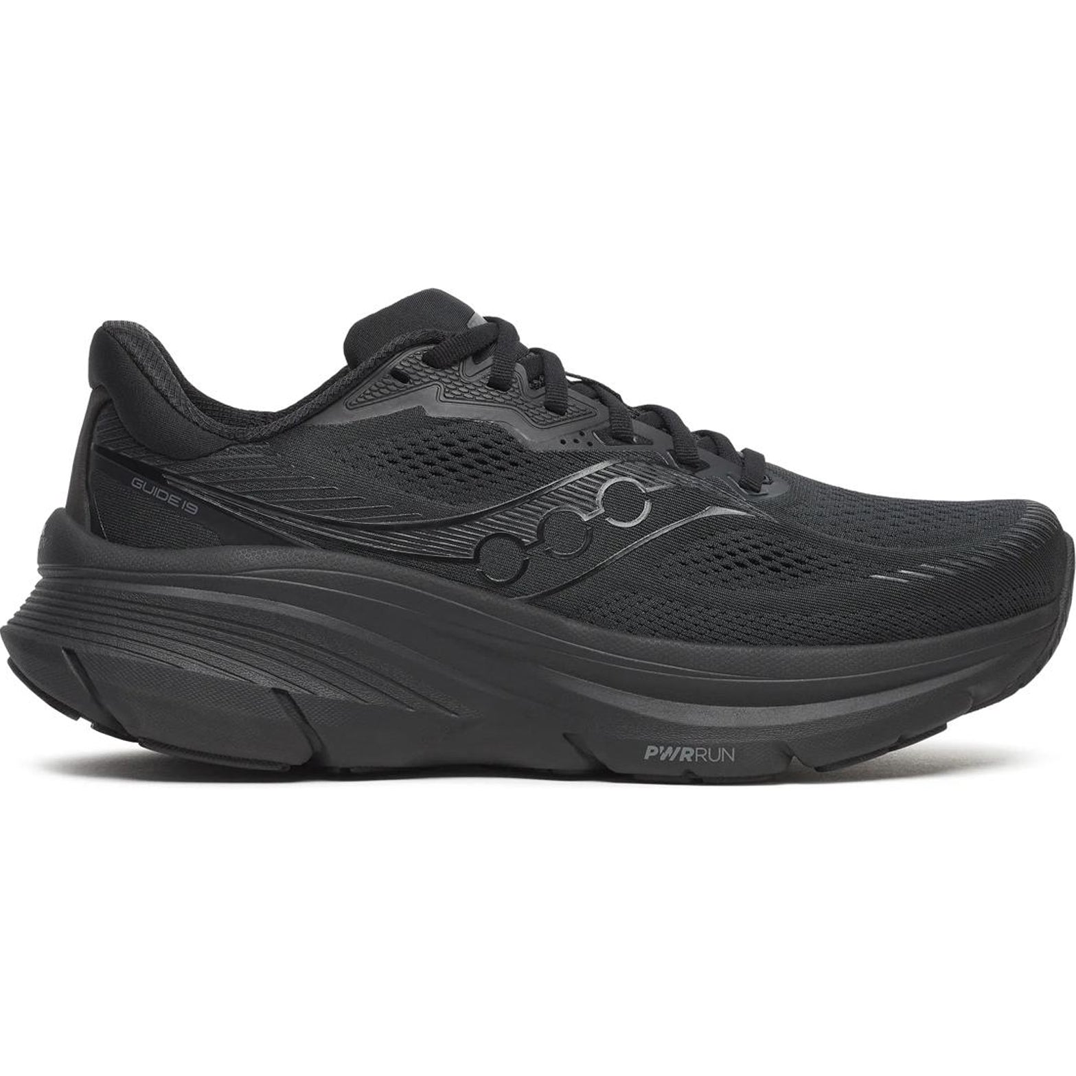 Men's Saucony Guide 19 Running Shoes Triple Black outer side view showing stability construction with cushioned midsole for guided road running
