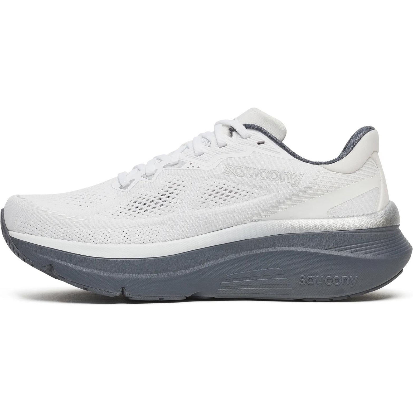 Men's Saucony Guide 19 Running Shoes White Shadow inner side view showing stability support with cushioning platform for overpronation control