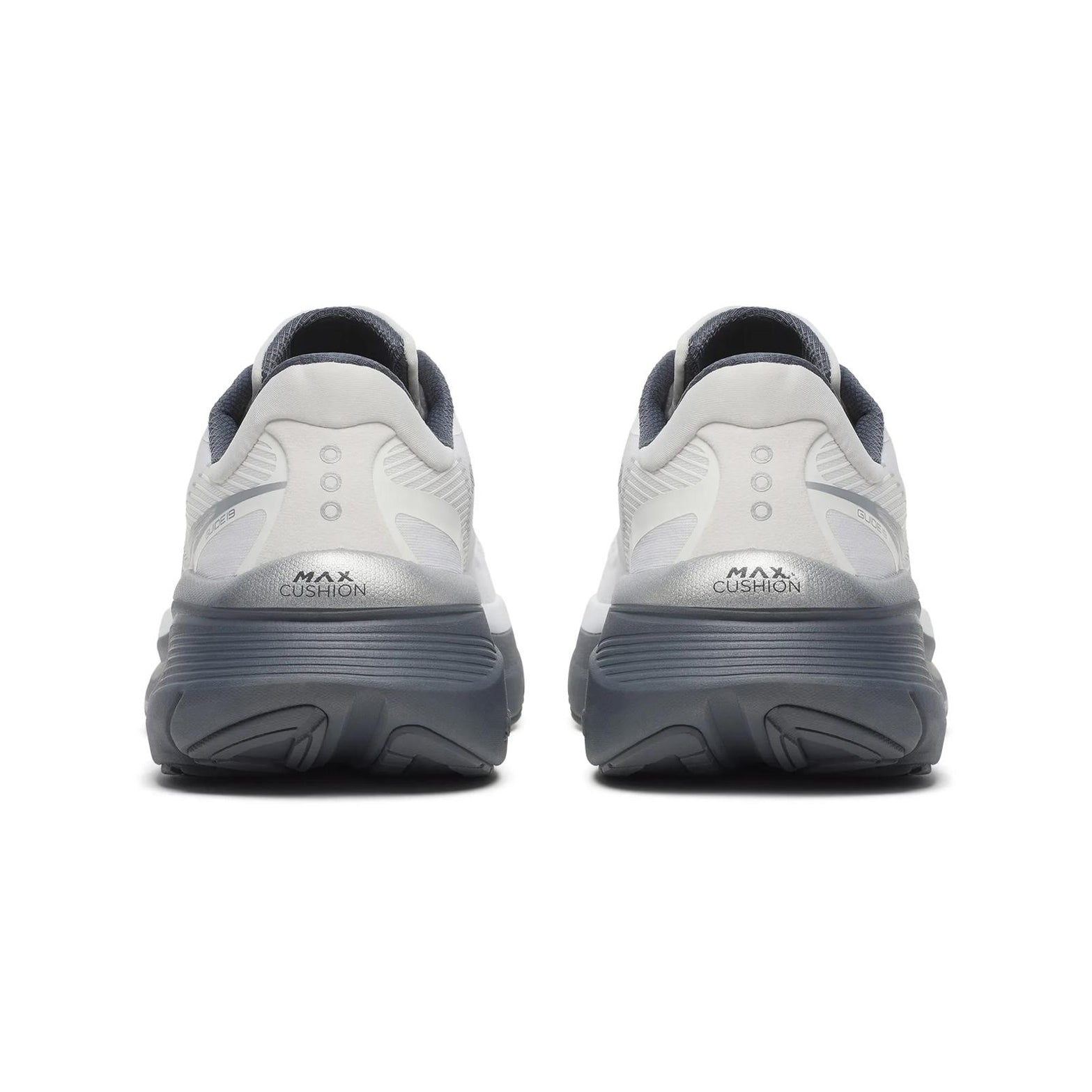 Men's Saucony Guide 19 Running Shoes White Shadow heel view showing cushioned stability construction for supportive everyday running