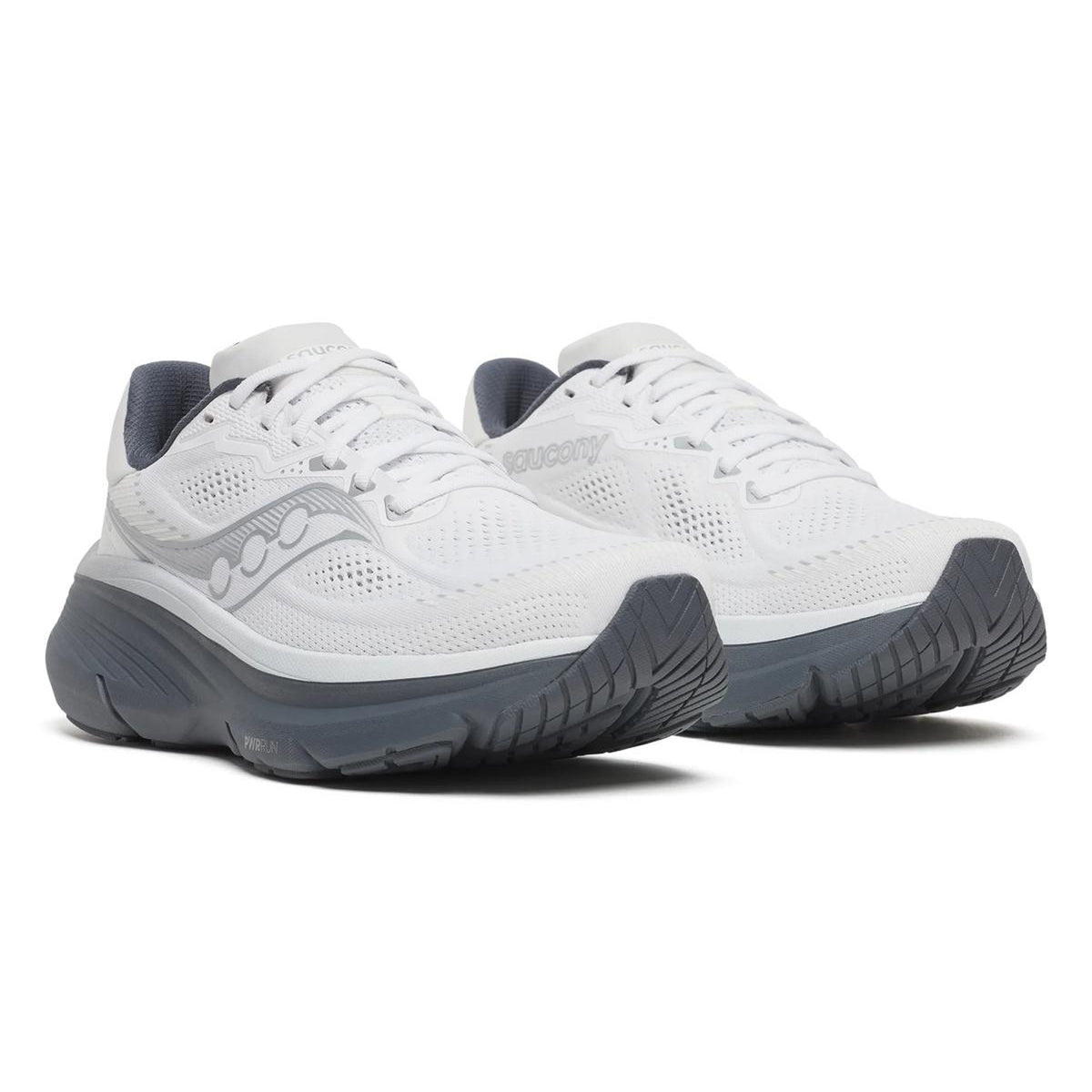 Men's Saucony Guide 19 Running Shoes White Shadow angled side view of pair showing stability support with cushioned construction for everyday running and overpronation guidance