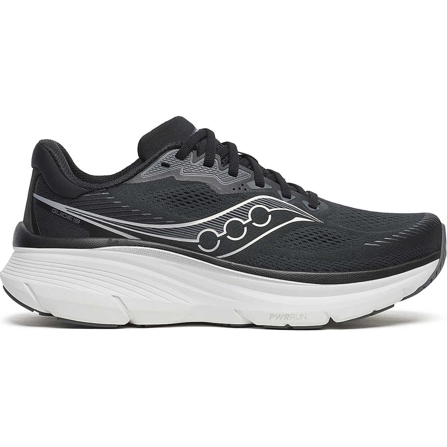 Men's Saucony Guide 19 Wide Fit Running Shoes Black Silver outer side view showing softer PWRRUN cushioning midsole and CenterPath Technology sidewalls