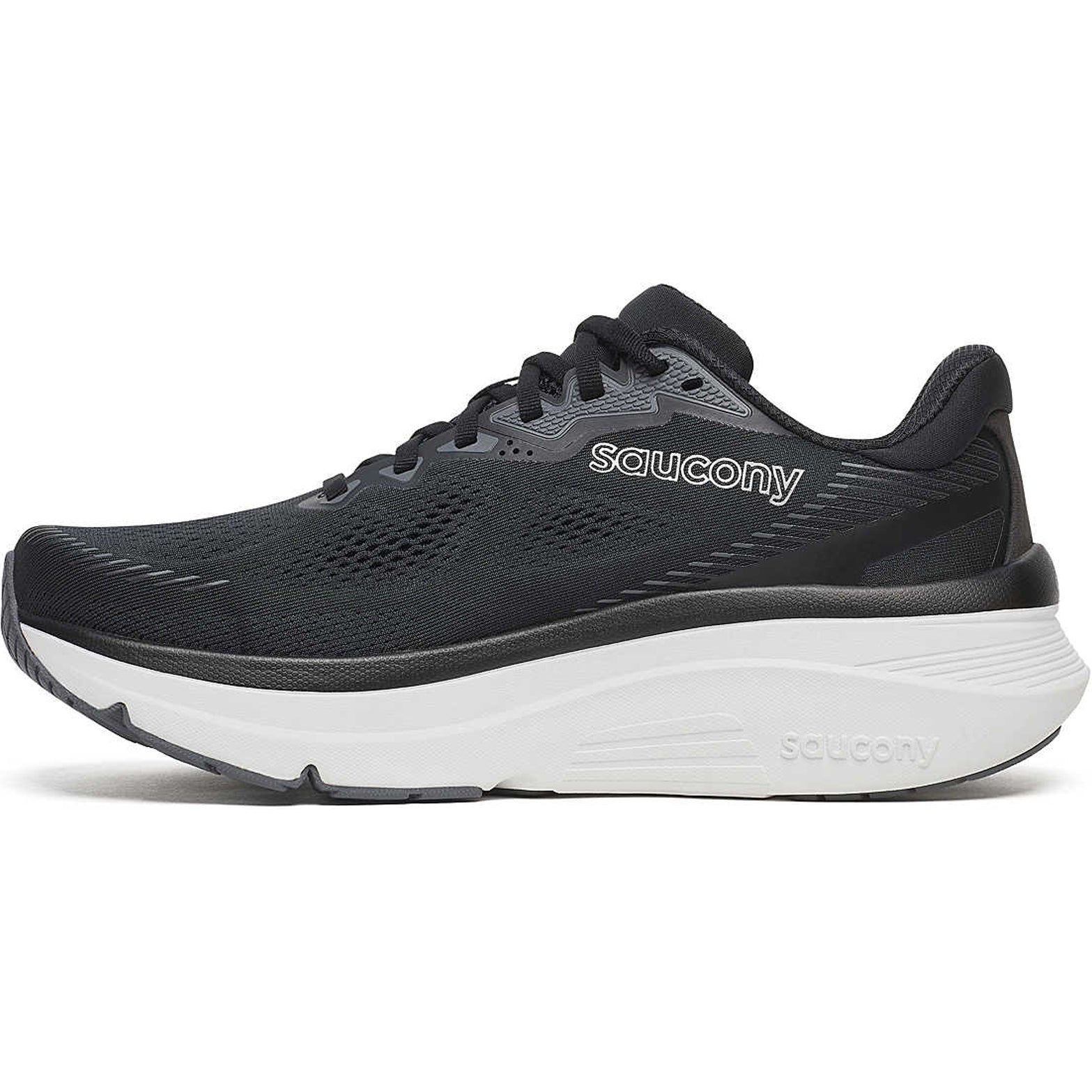 Men's Saucony Guide 19 Wide Fit Running Shoes Black Silver inner side view showing PWRRUN foam cushioning and CenterPath balanced support geometry