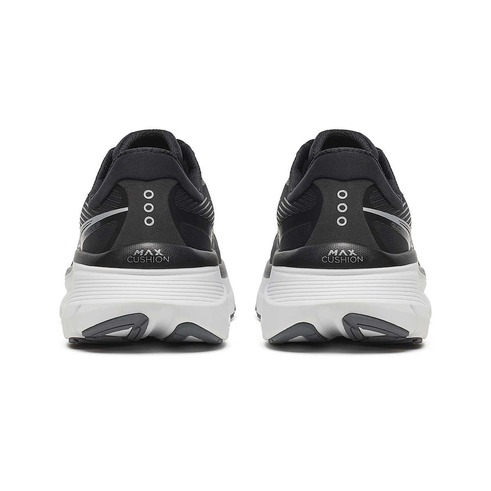 Men's Saucony Guide 19 Wide Fit Running Shoes Black Silver heel view showing maximum PWRRUN cushioning stack and CenterPath Technology support