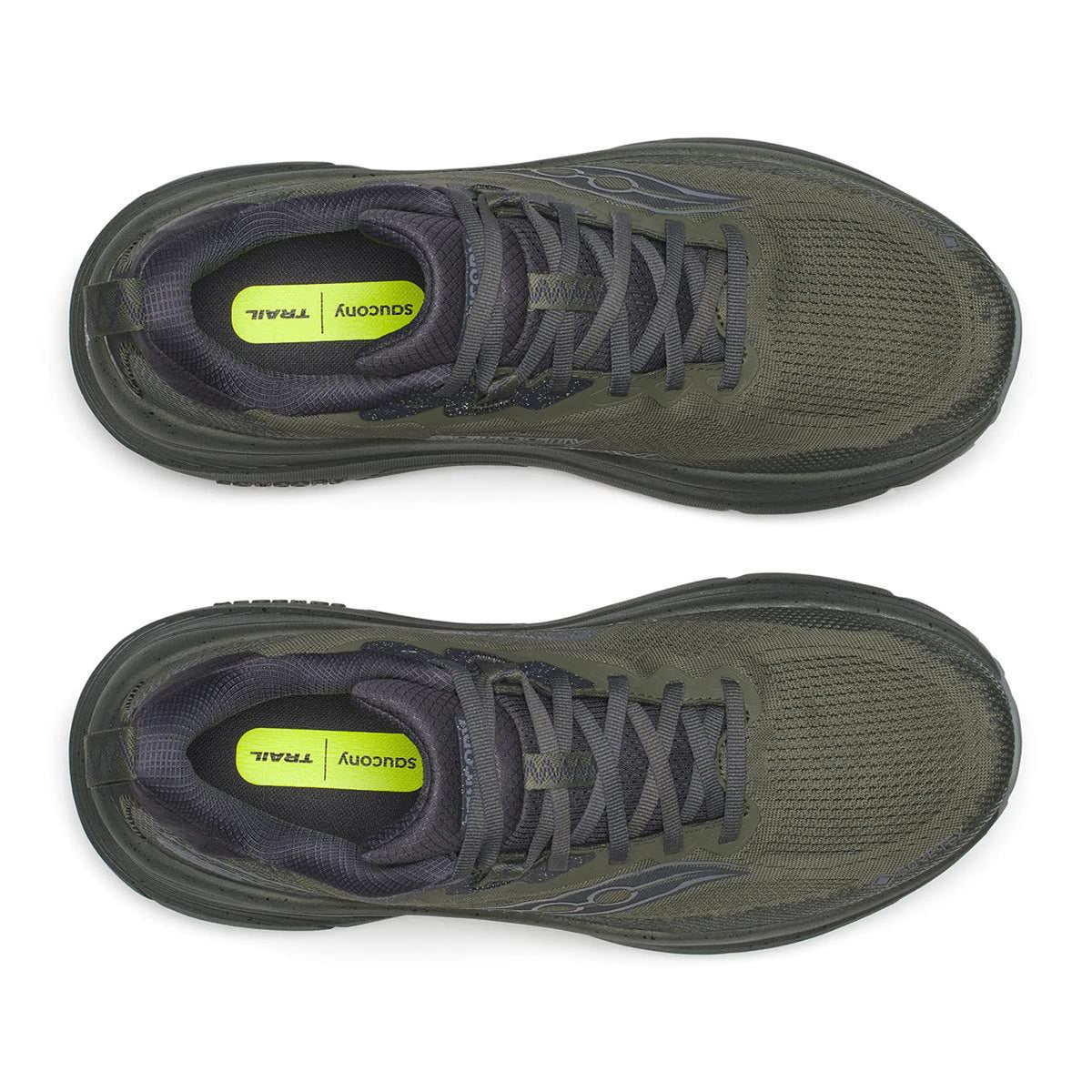 Top-down view of dark olive green Saucony Men’s Guide TR GORE-TEX Fatigue trail running shoes with black laces and neon yellow insoles.