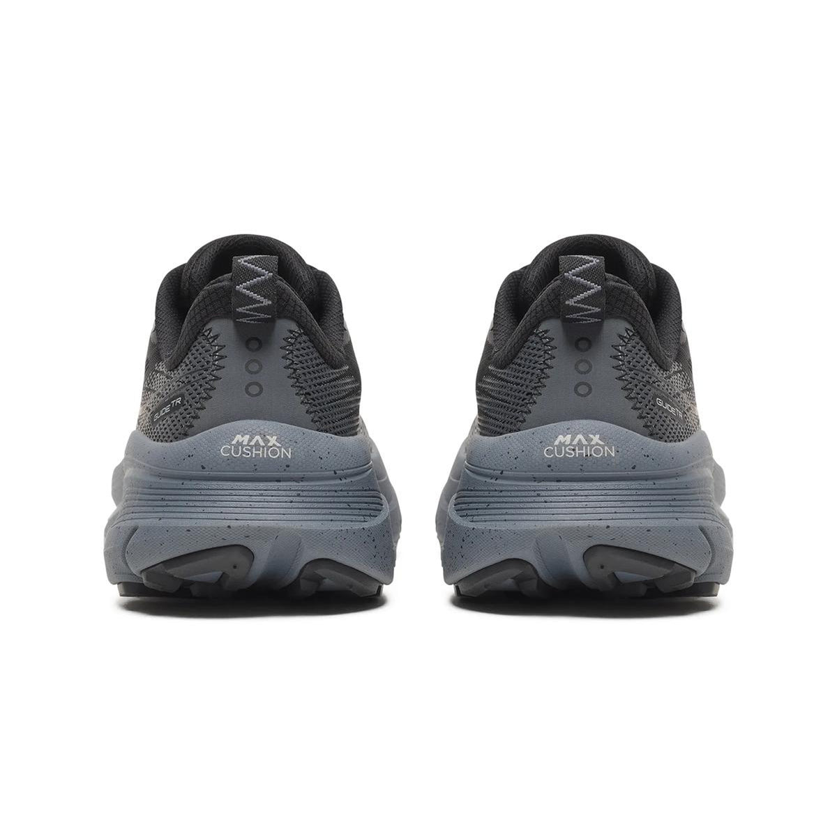 Rear view of Saucony Men’s Guide TR GTX Black / Gunmetal shoes with thick, textured soles and “MAX CUSHION STABILITY” on the heels. Shown side by side on white, featuring GORE-TEX waterproof design.