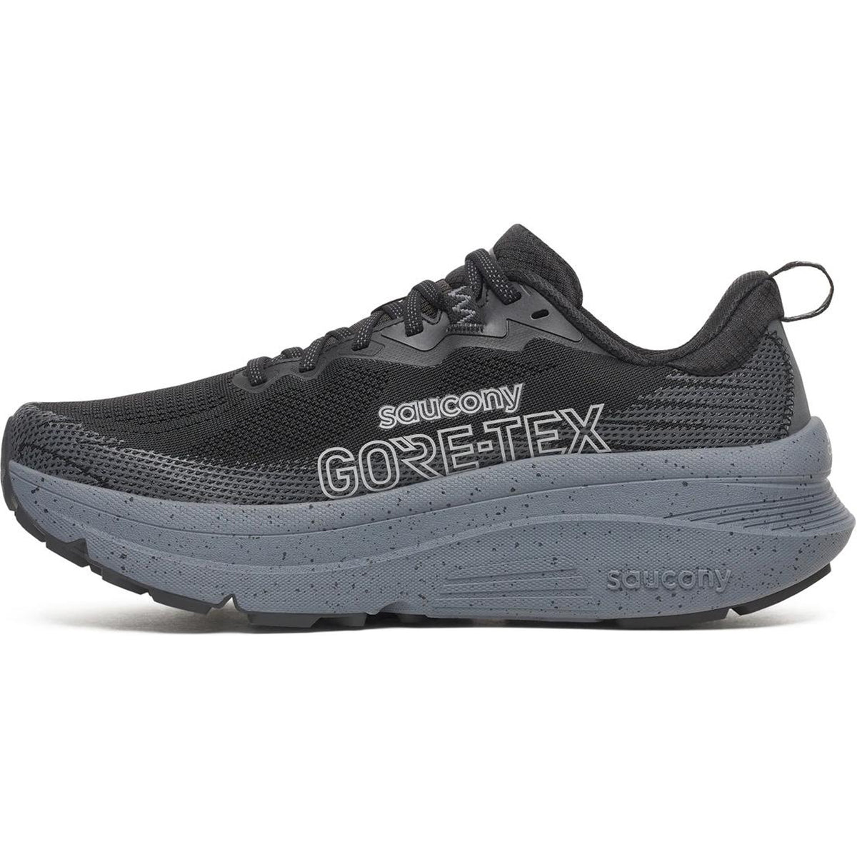 The Saucony Men’s Guide TR GTX Black / Gunmetal features GORE-TEX waterproof tech, a thick textured gray sole for max cushioning and stability, and a heel pull tab.