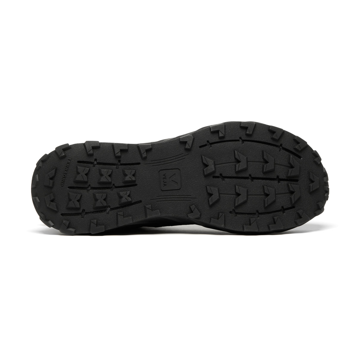 Bottom view of the black Men’s Harpie Trail Running Shoes by Veja, showing a lugged TerraGrip rubber tread pattern.