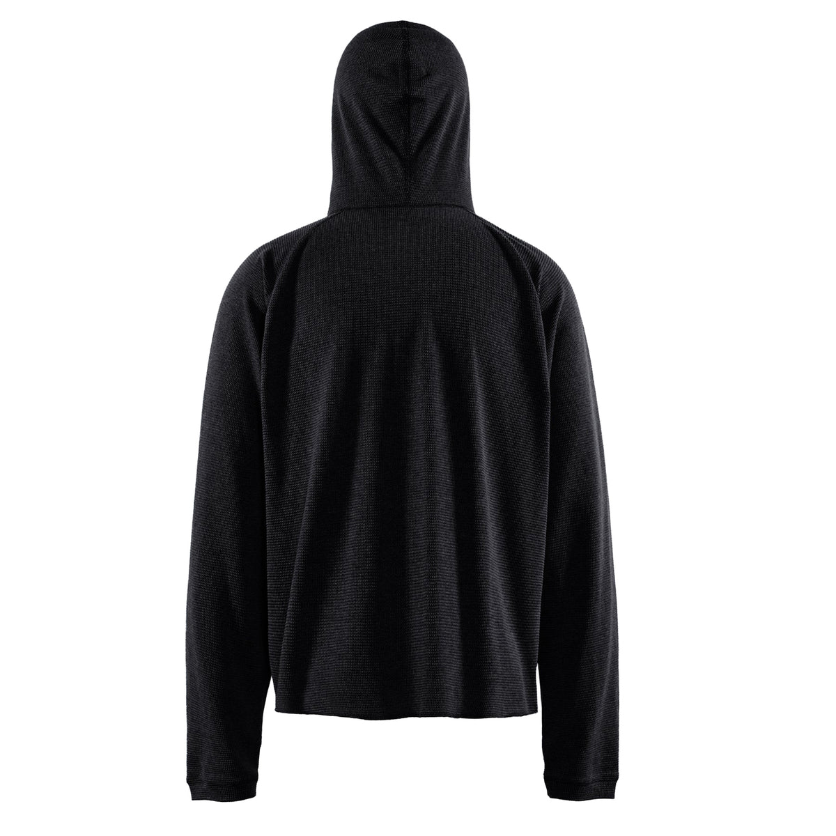 Back view of a black District Vision Men’s Hooded Waffle Top featuring a long-sleeve cotton blend construction with a textured waffle-knit pattern and a fold-over hood.