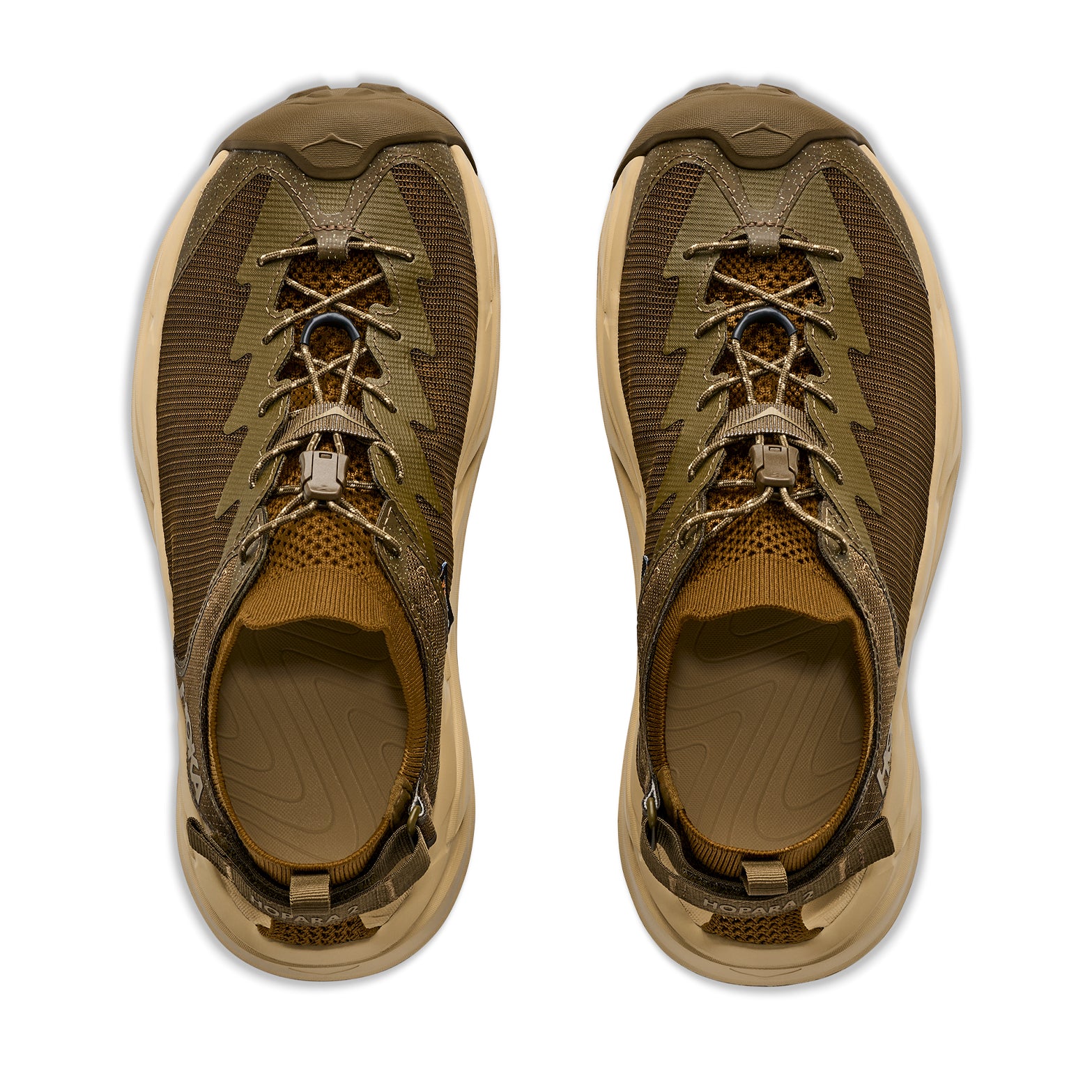 Men's HOKA Hopara 2 Sandal Sepia Barley top view showing 100% recycled knit upper with water repellency treatment and recycled Cordura mesh overlays for drainage and debris protection