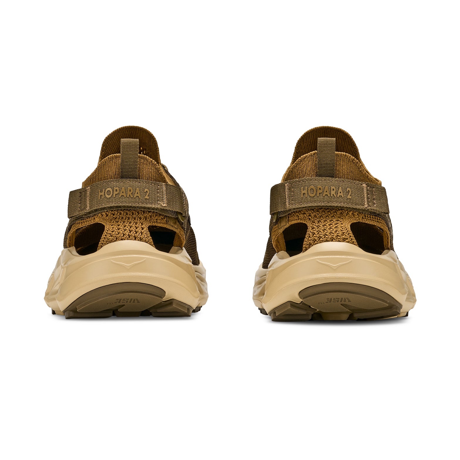 Men's HOKA Hopara 2 Sandal Sepia Barley heel view showing adjustable heel strap with sugarcane EVA midsole and ripstop overlay for secure amphibious trail performance