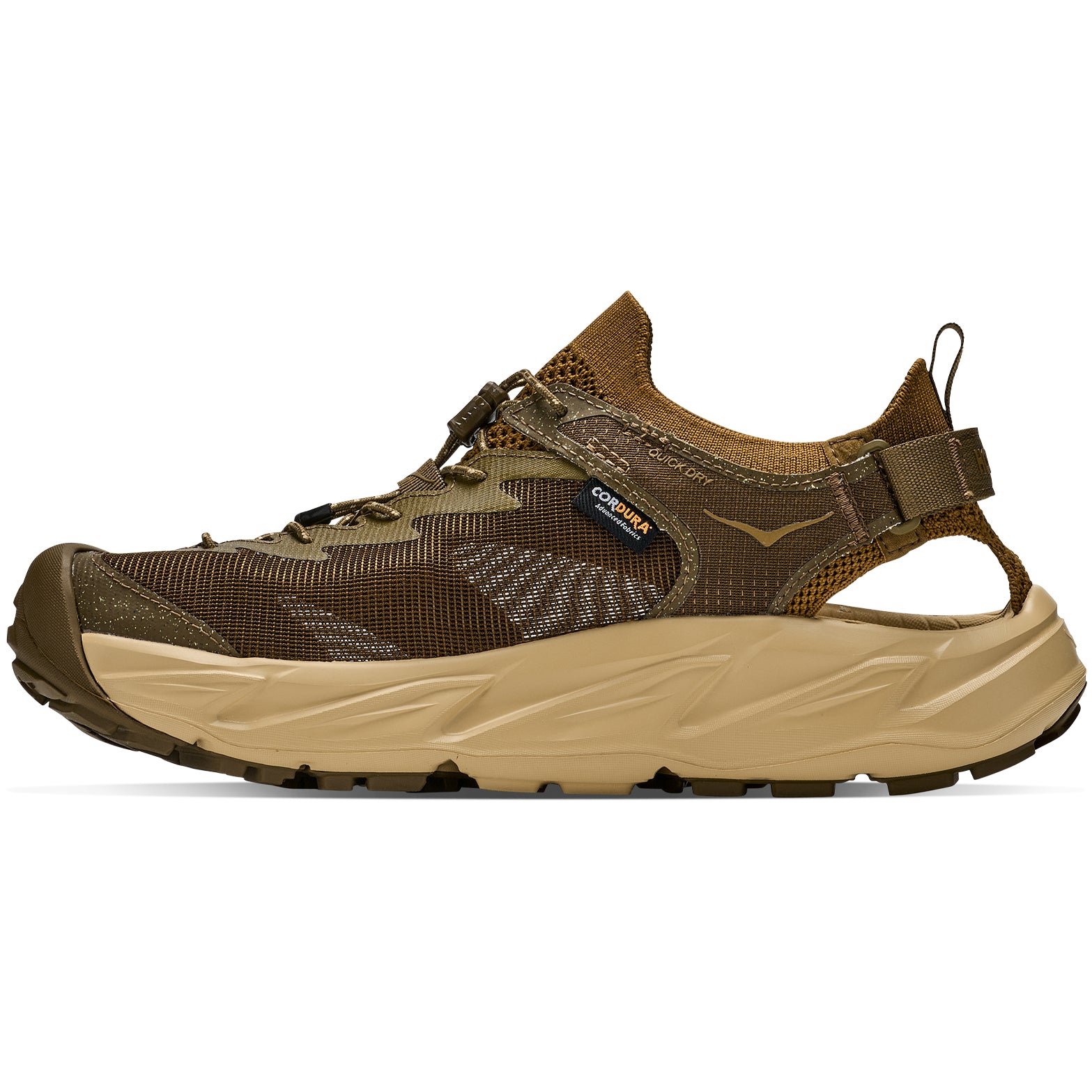 Men's HOKA Hopara 2 Sandal Sepia Barley inner side view showing sugarcane EVA topsole with quick-toggle lace system and adjustable heel strap for secure trail fit