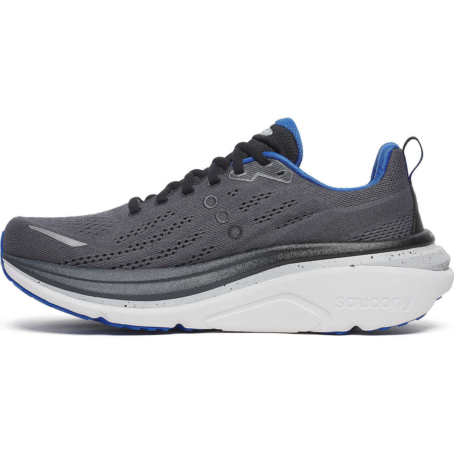 Men's Saucony Hurricane 25 Running Shoes Shadow Black inner side view showing CenterPath Technology and dual-density PWRRUN foam midsole