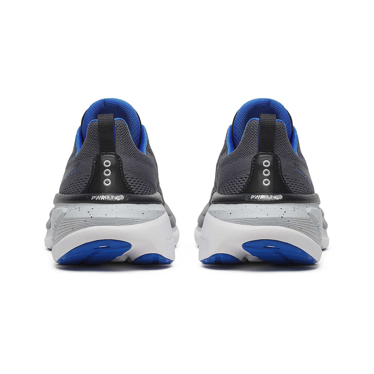 Men's Saucony Hurricane 25 Running Shoes Shadow Black pair heel view showing heel pull tabs, padded collar and midsole stack height