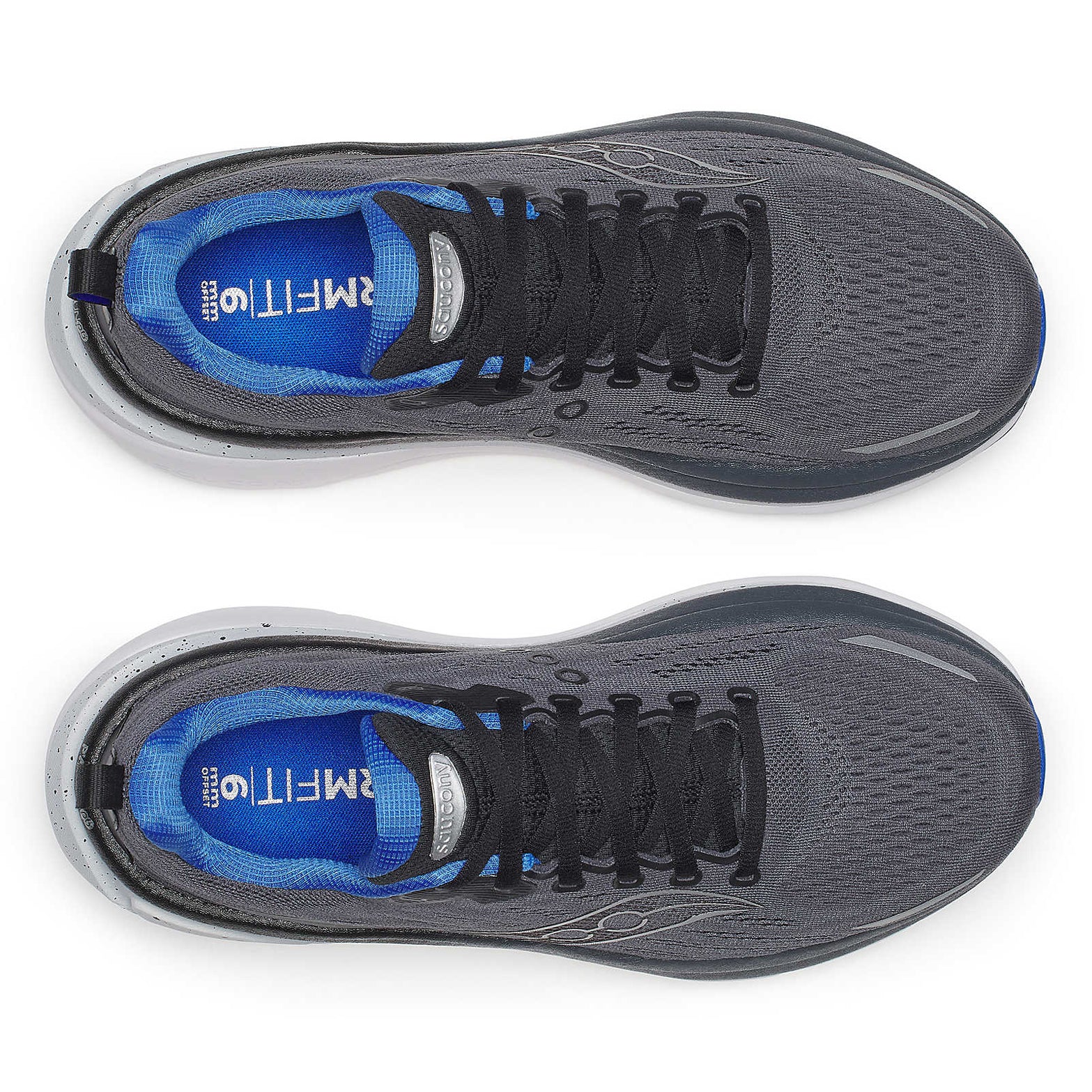 Men's Saucony Hurricane 25 Running Shoes Shadow Black pair top view showing engineered mesh upper, eyestay webbing and lacing system