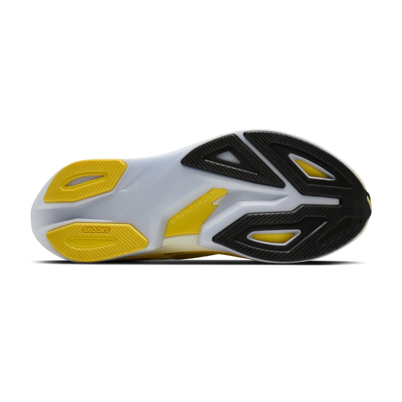 Brooks Men's Hyperion Max 3 Running Shoes Luminary Cyber Yellow Black sole view displaying RapidRoll rocker geometry