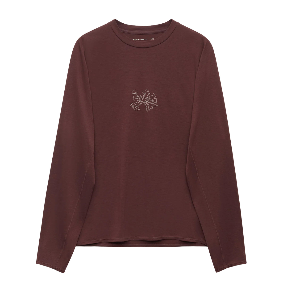 Portal Men’s Lateral Peak Long Sleeve Top Bitter Chocolate: a dark brown moisture-wicking crewneck shirt featuring a white line-art graphic centered on the chest and ergonomic construction.