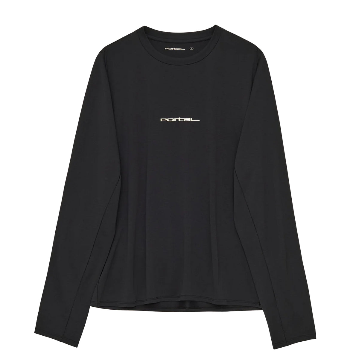 Introducing the Men’s Lateral Peak Long Sleeve Top Black Beauty by Portal—a black, moisture-wicking long sleeve shirt featuring the word “portal” in white, lowercase letters centered on the chest. Expertly crafted from premium Japanese technical fabric, this top offers lasting comfort and contemporary style.
