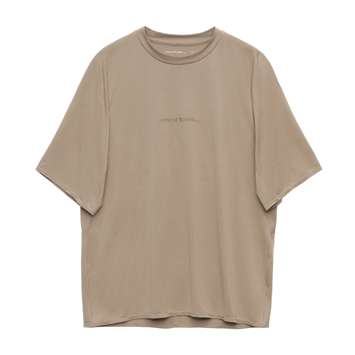 Beige short-sleeved crew neck technical Portal Men’s Lateral Peak Tee Greige with a centered brand logo on the chest.