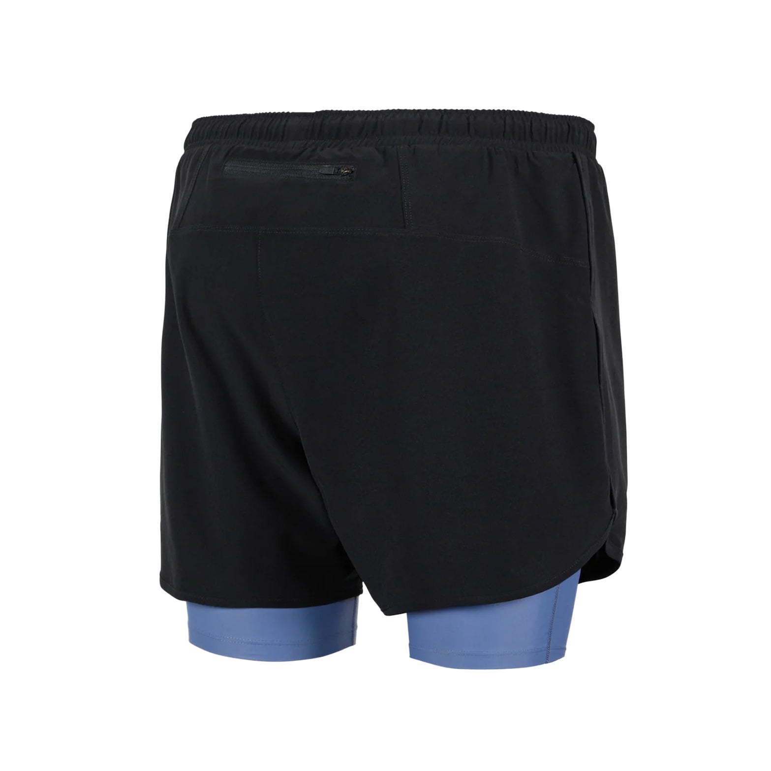 District Vision Men's Layered Training Shorts Black Race Blue back view showing deep side splits for airflow with moisture-wicking breathable liner construction