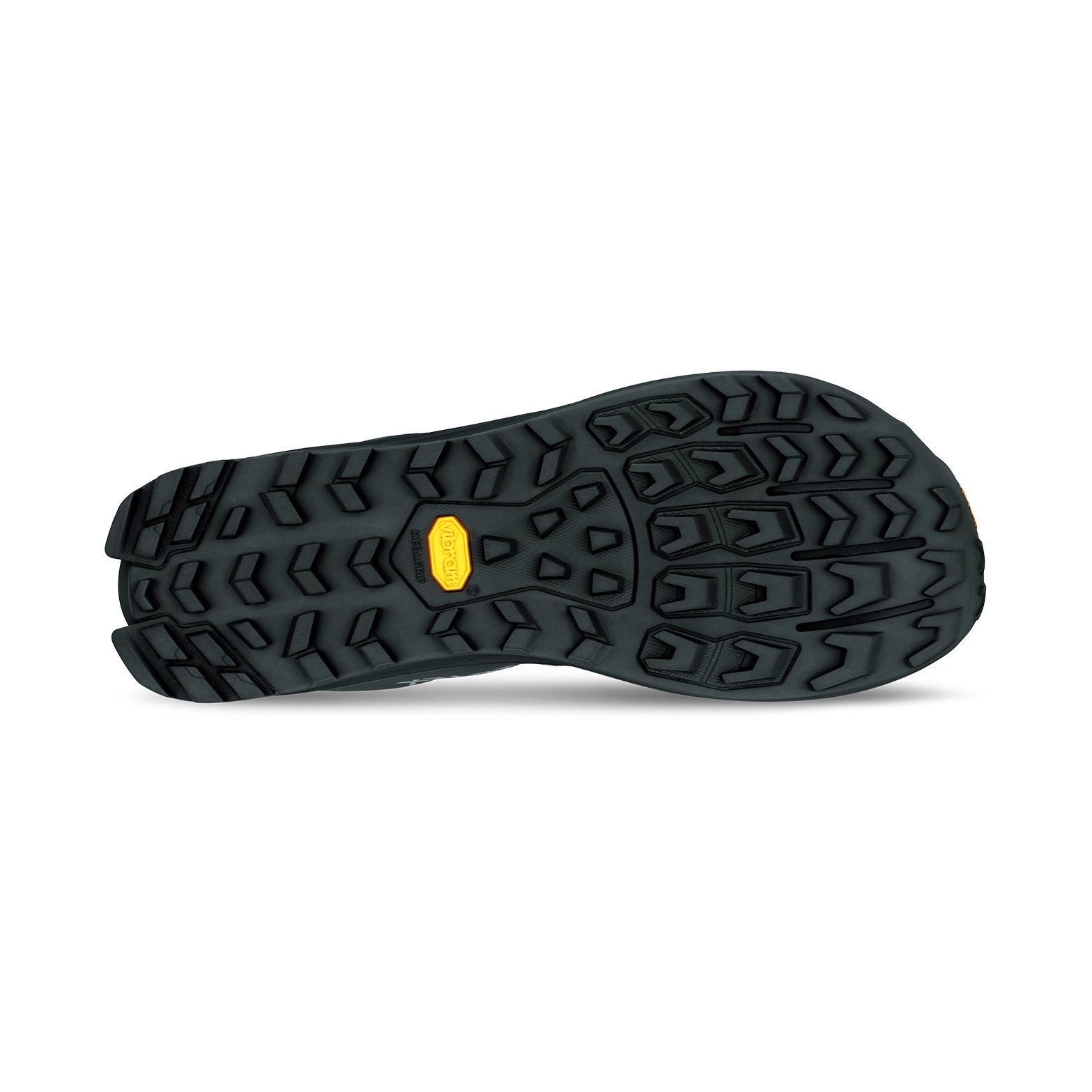 Altra Lone Peak 9 Plus GORE-TEX Black Black outsole view displaying Vibram Megagrip technology for fierce grip on varied trail terrain