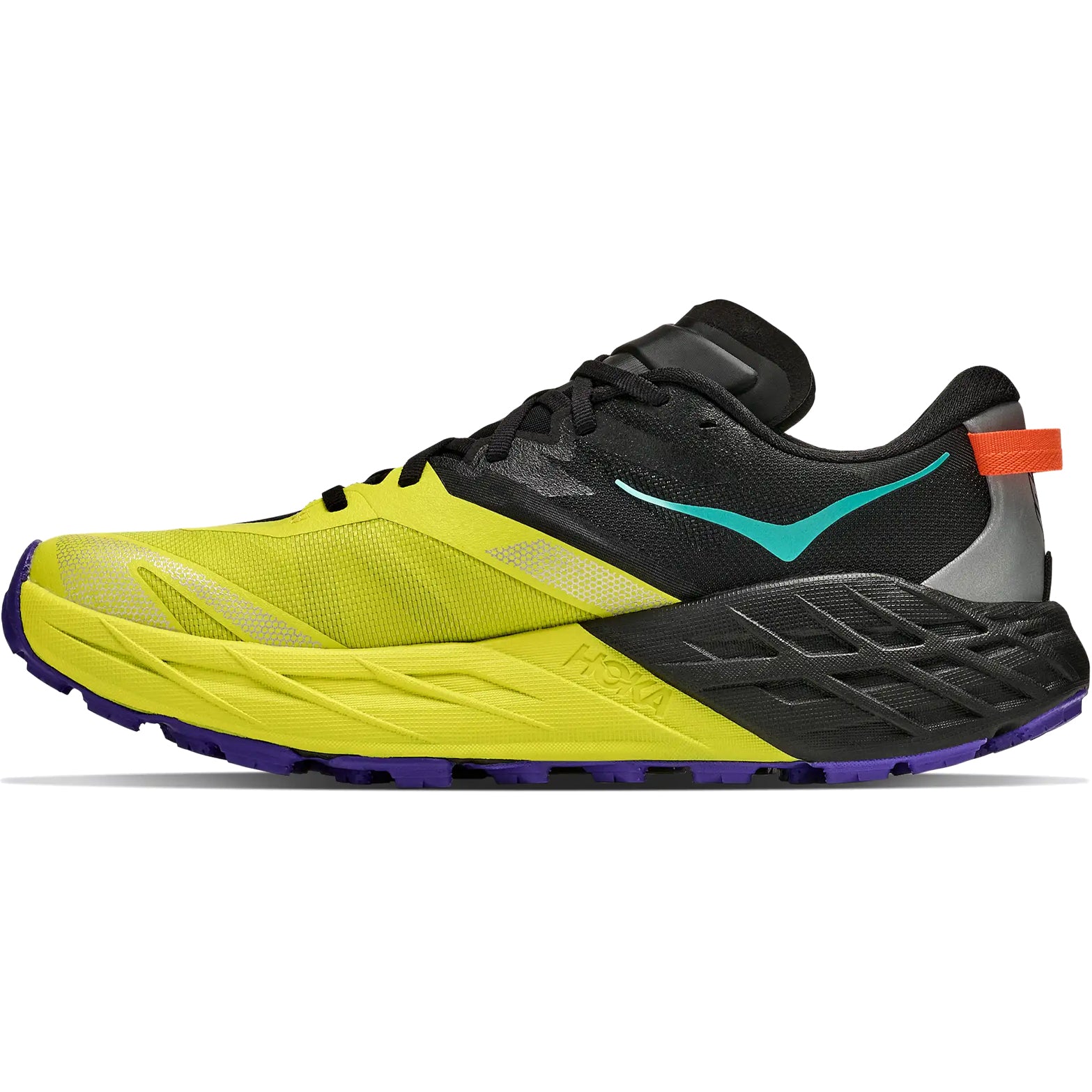 A side-profile view of the Hoka Men’s Mafate 5 Trail Running Shoes in Black and Hoka Citrus, featuring a yellow and black design with a turquoise logo, orange heel tab, and purple outsole—engineered for technical trail running with maximum protection and built on a rugged Vibram Megagrip sole for exceptional traction.