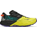 A black and Hoka Citrus (yellow) men’s HOKA Mafate 5 trail running shoe with blue and orange accents, featuring a thick sole and Vibram Megagrip outsole designed for technical trail running and maximum protection.