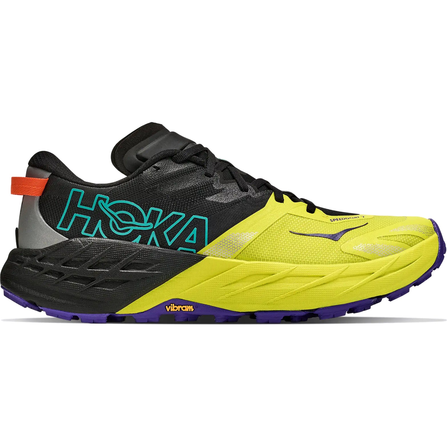 A black and Hoka Citrus (yellow) men’s HOKA Mafate 5 trail running shoe with blue and orange accents, featuring a thick sole and Vibram Megagrip outsole designed for technical trail running and maximum protection.