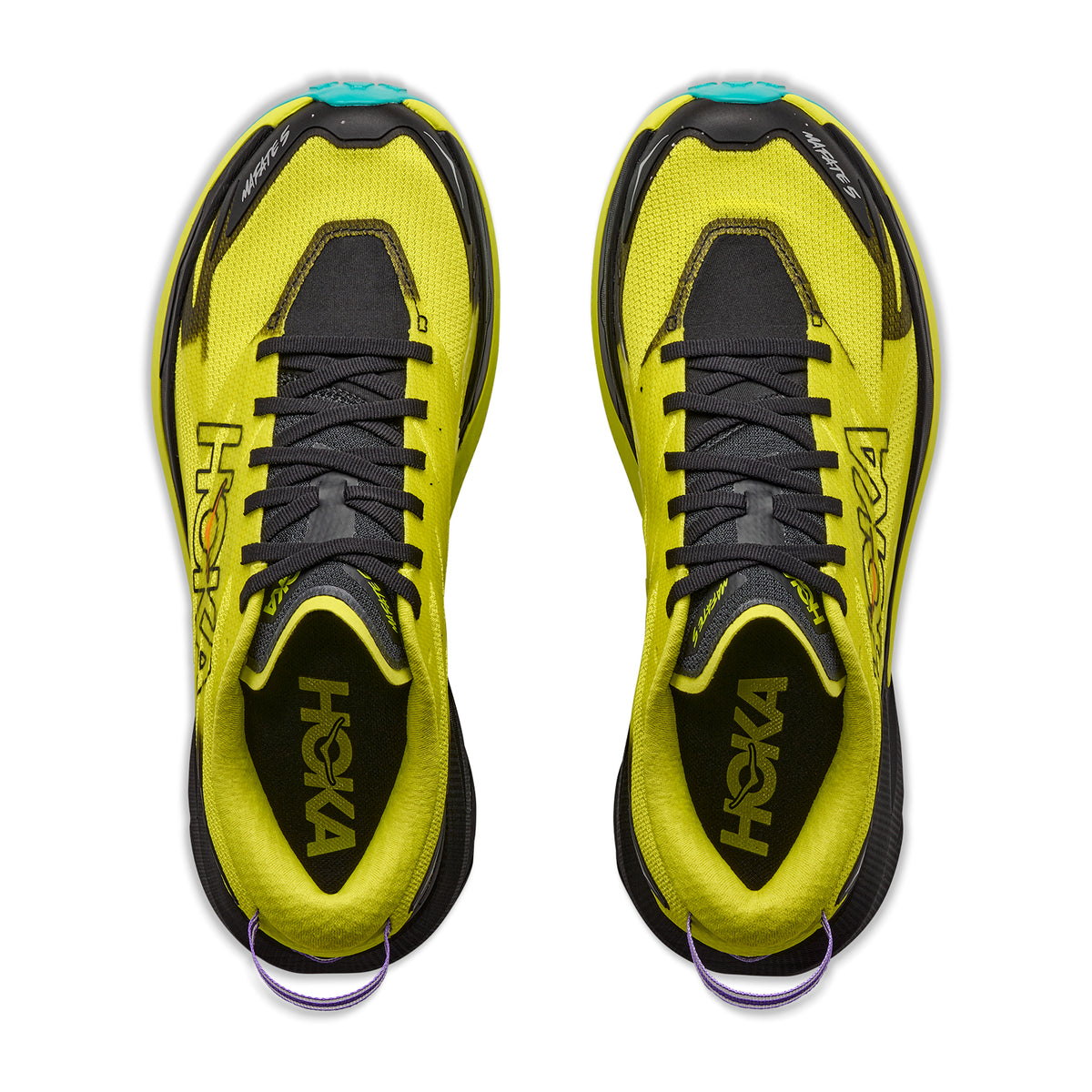 Top view of a pair of Men’s Mafate 5 Trail Running Shoes in Black / Hoka Citrus by Hoka, featuring black laces, purple heel loops, and the HOKA logo on both sneakers—engineered for technical trail running with reliable Vibram Megagrip outsoles.