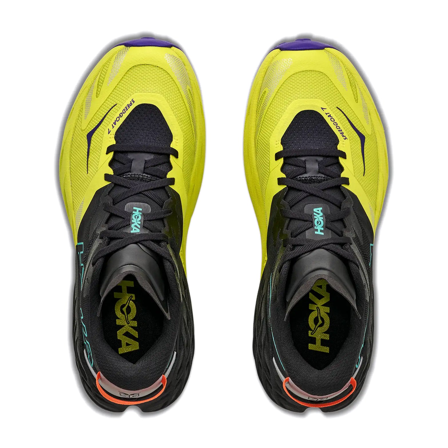 Top view of the Men’s Mafate 5 Trail Running Shoes in Black / Hoka Citrus by Hoka, featuring yellow and black uppers with turquoise and orange accents, designed for technical trail running. The insoles and tongues display the Hoka logo, all set against a white background. These shoes are built to deliver maximum protection, keeping you confident on any terrain.