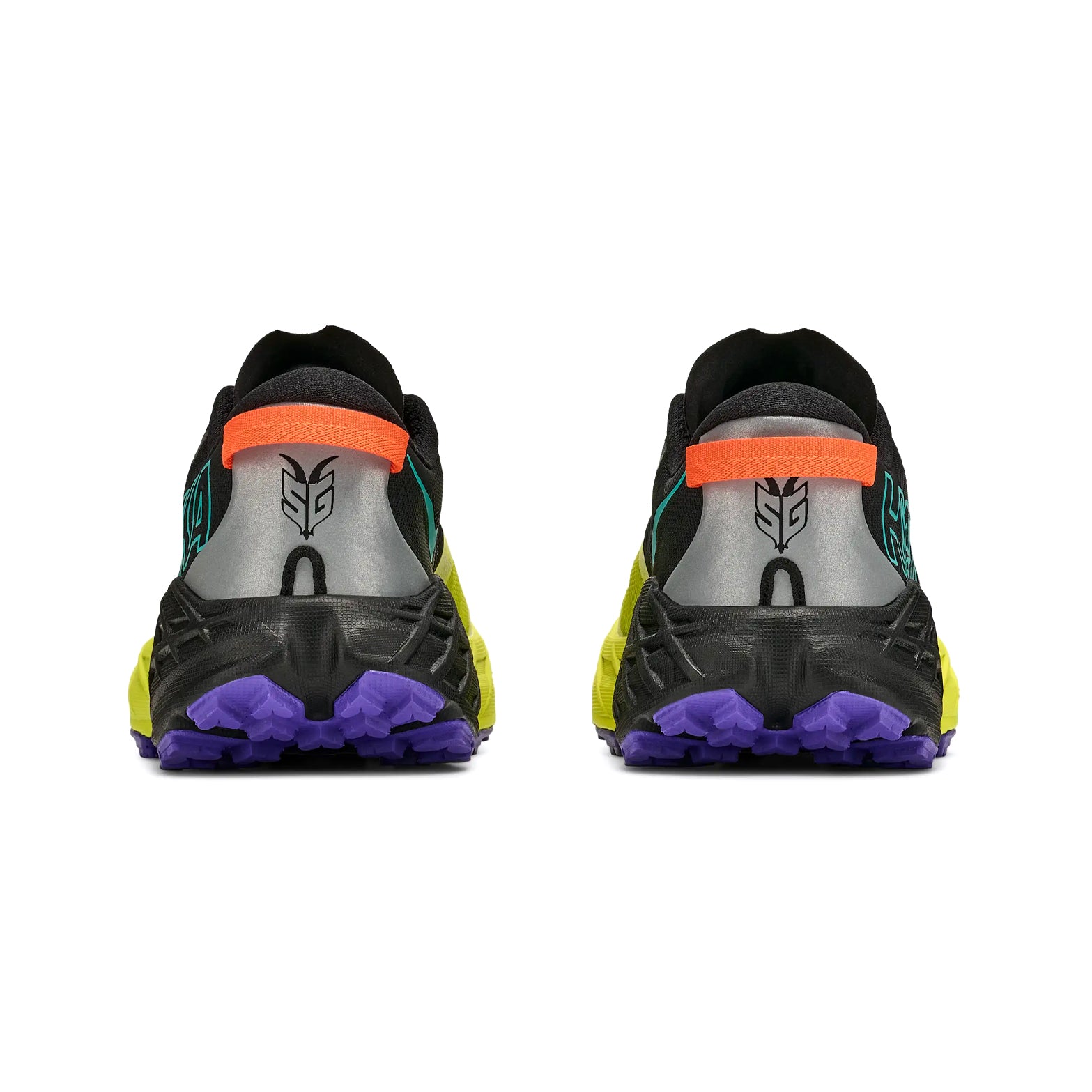 Rear view of the Men’s Mafate 5 Trail Running Shoes by Hoka in Black / Hoka Citrus, featuring yellow soles with purple treads, black uppers accented with teal details, silver heels, orange heel tabs, and a black geometric logo on the heel—engineered for technical trail running and maximum protection with every stride.