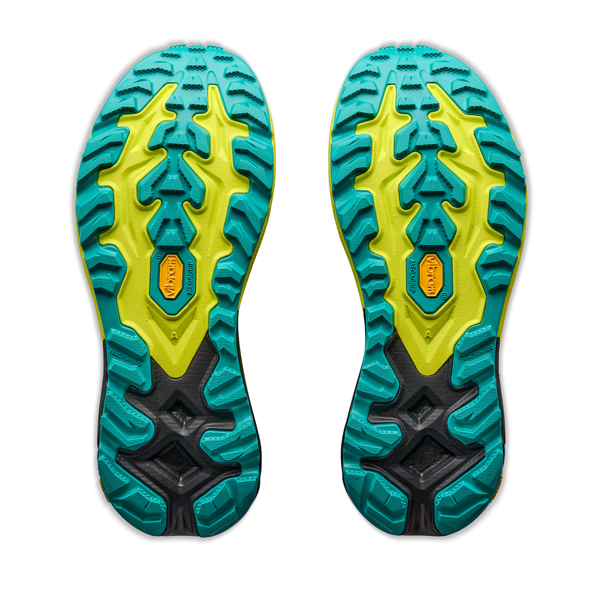 Two black, turquoise, and citrus yellow soles of the Men’s Mafate 5 Trail Running Shoes by Hoka, showcasing rugged, angular treads with black detailing and Vibram Megagrip traction, viewed from above on a white background.