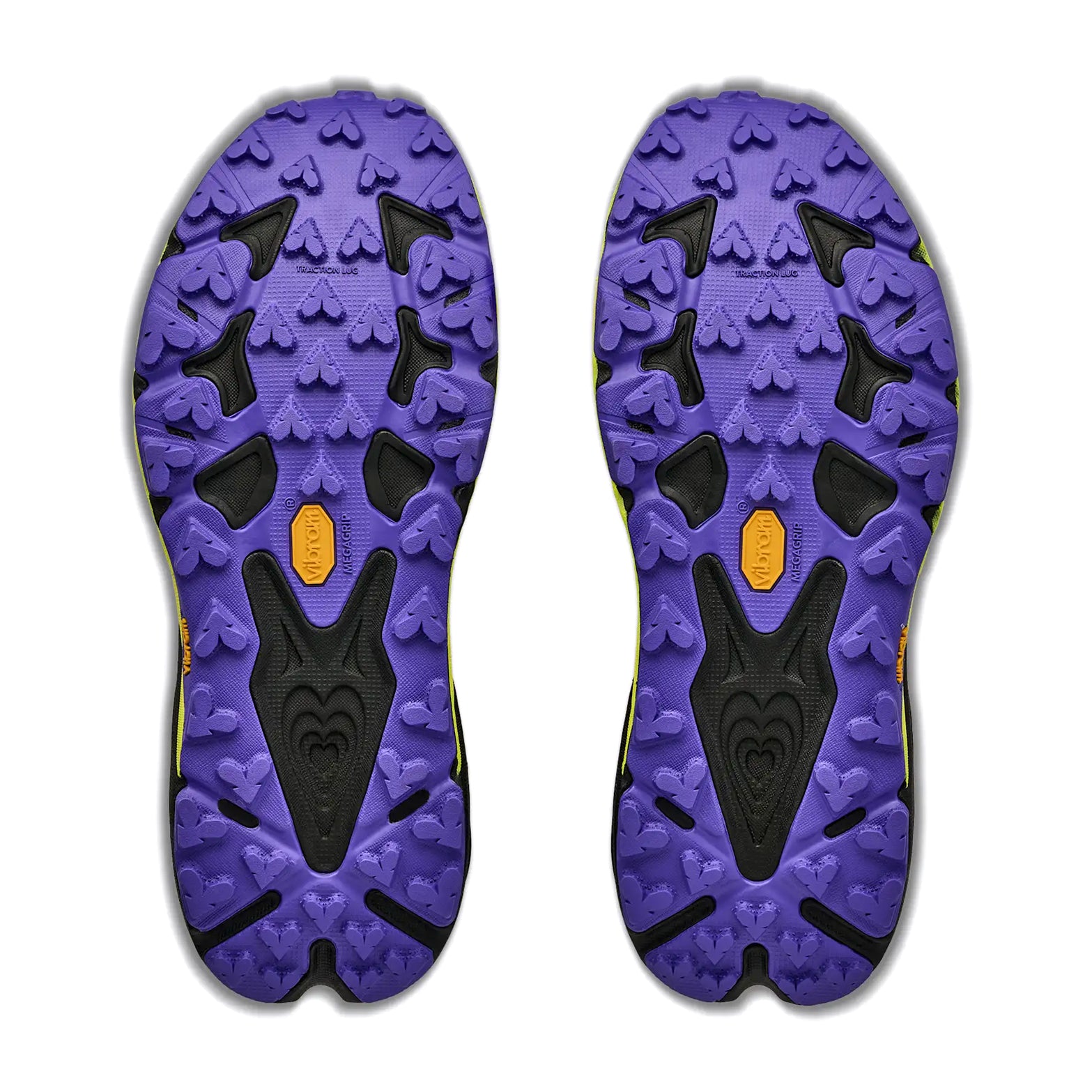 Two shoe soles from the Hoka Men’s Mafate 5 Trail Running Shoes in Black / Hoka Citrus are isolated on a white background, displaying a distinctive purple tread pattern with black and yellow-orange accents. Engineered by Hoka for technical trail running, the soles feature heart-like shapes and textured areas for enhanced grip, while the Vibram Megagrip compound delivers maximum protection and superior traction across varied terrain.