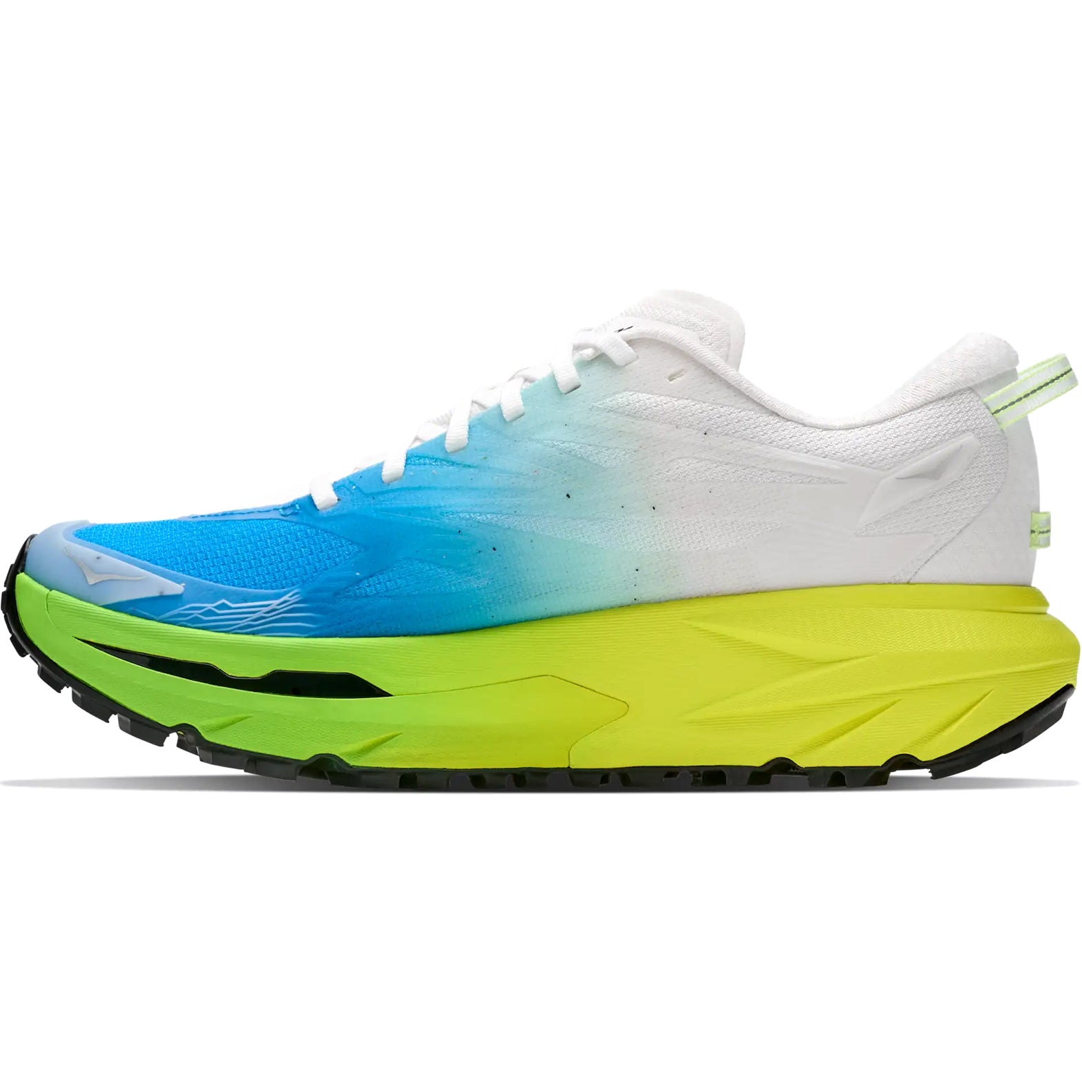 Men's HOKA Mafate 5 Trail Running Shoes Frost Hoka Citrus inner side view showing super critical foam top layer with impact-absorbing sole foam and Dynamic Vamp for comfortable long-haul trail protection