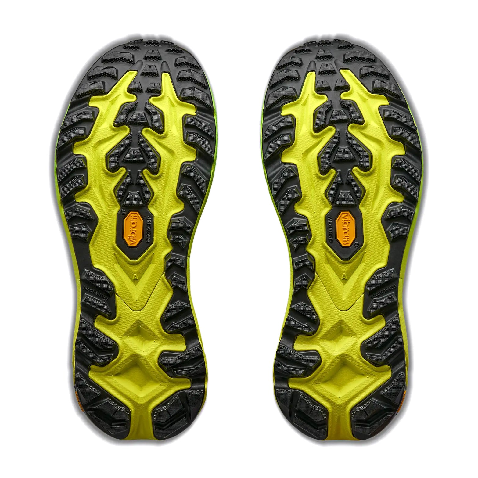 Men's HOKA Mafate 5 Trail Running Shoes Frost Hoka Citrus sole view displaying Vibram Megagrip outsole with aggressive 5mm Traction Lug technology for confident grip on mud, rocks and steep technical terrain