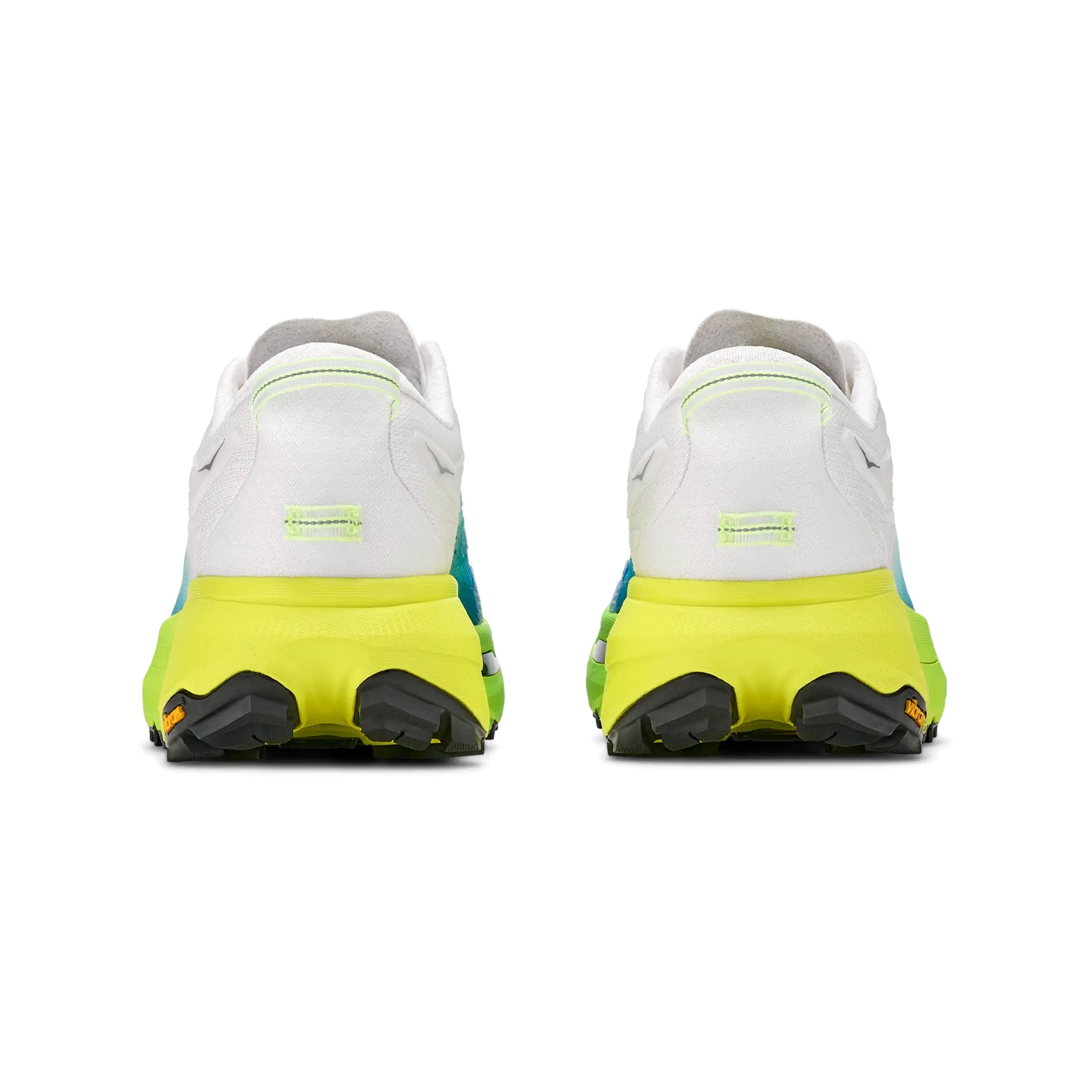 Men's HOKA Mafate 5 Trail Running Shoes Frost Hoka Citrus heel view showing dual-density midsole with Rocker Integrity Technology and impact-absorbing foam for steady balanced technical trail performance