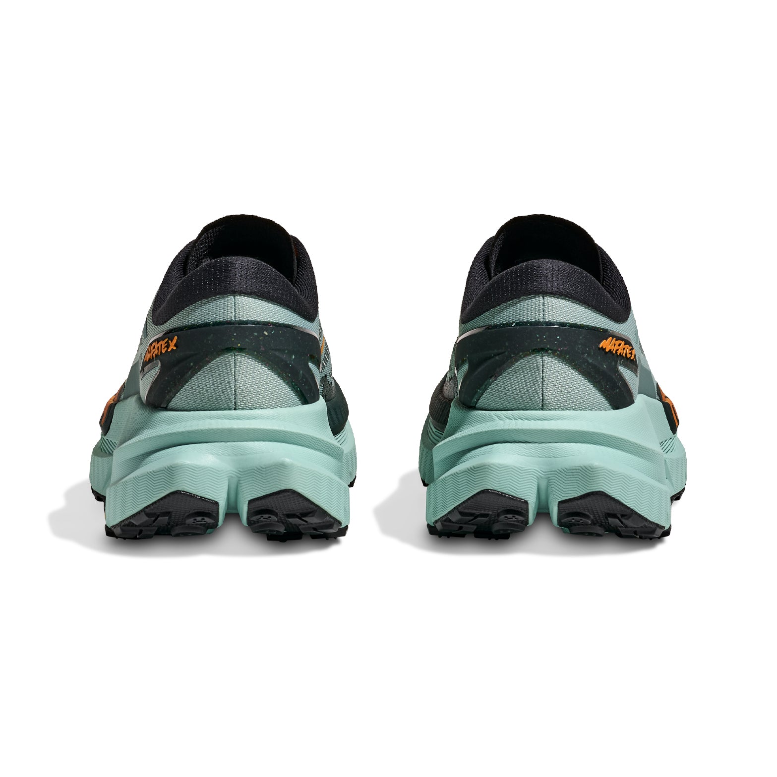 HOKA Mafate X men's trail running shoe in Sage / Rosemary — heel view showing moulded TPU heel counter, Active Foot Frame™ construction, reflective detailing and rosemary midsole contrast