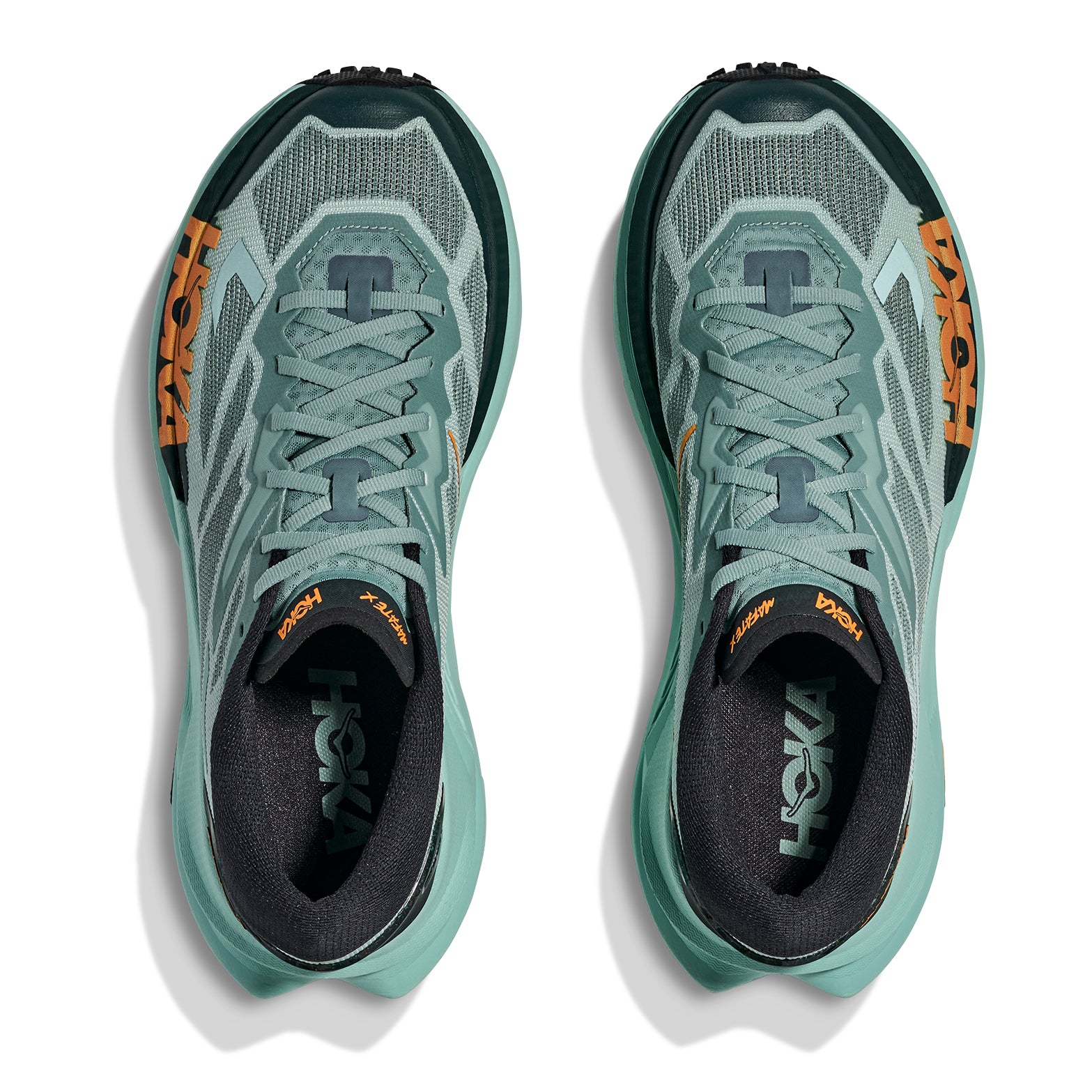 HOKA Mafate X men's trail running shoe in Sage / Rosemary — top-down view showing sage woven textile upper, gusseted tongue construction, protective toe cap and lace closure with rosemary detailing