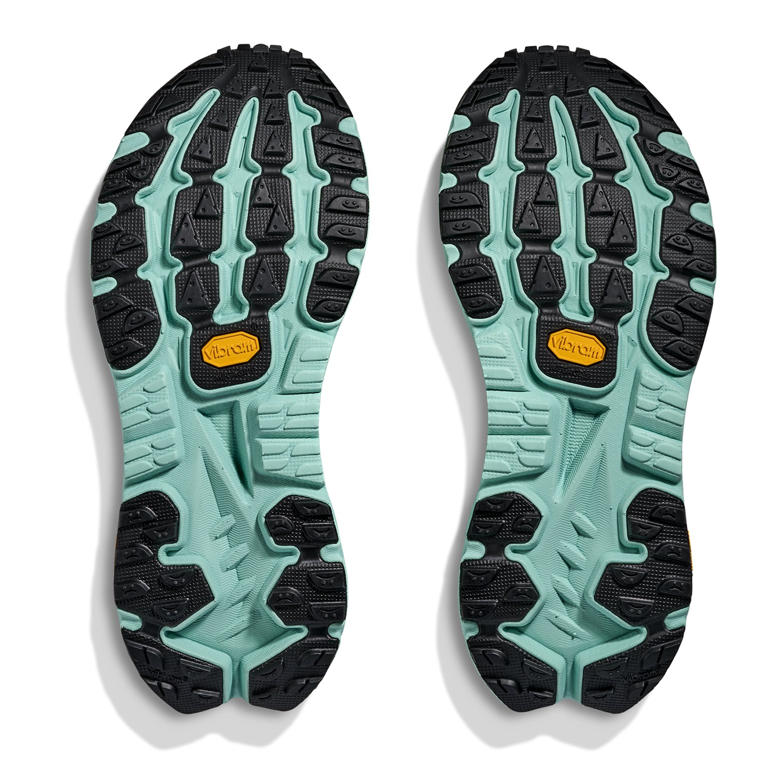 HOKA Mafate X men's trail running shoe in Sage / Rosemary — outsole view showing Vibram® Megagrip rubber tread pattern with pod-shaped cutouts and rosemary dual-density foam midsole stack
