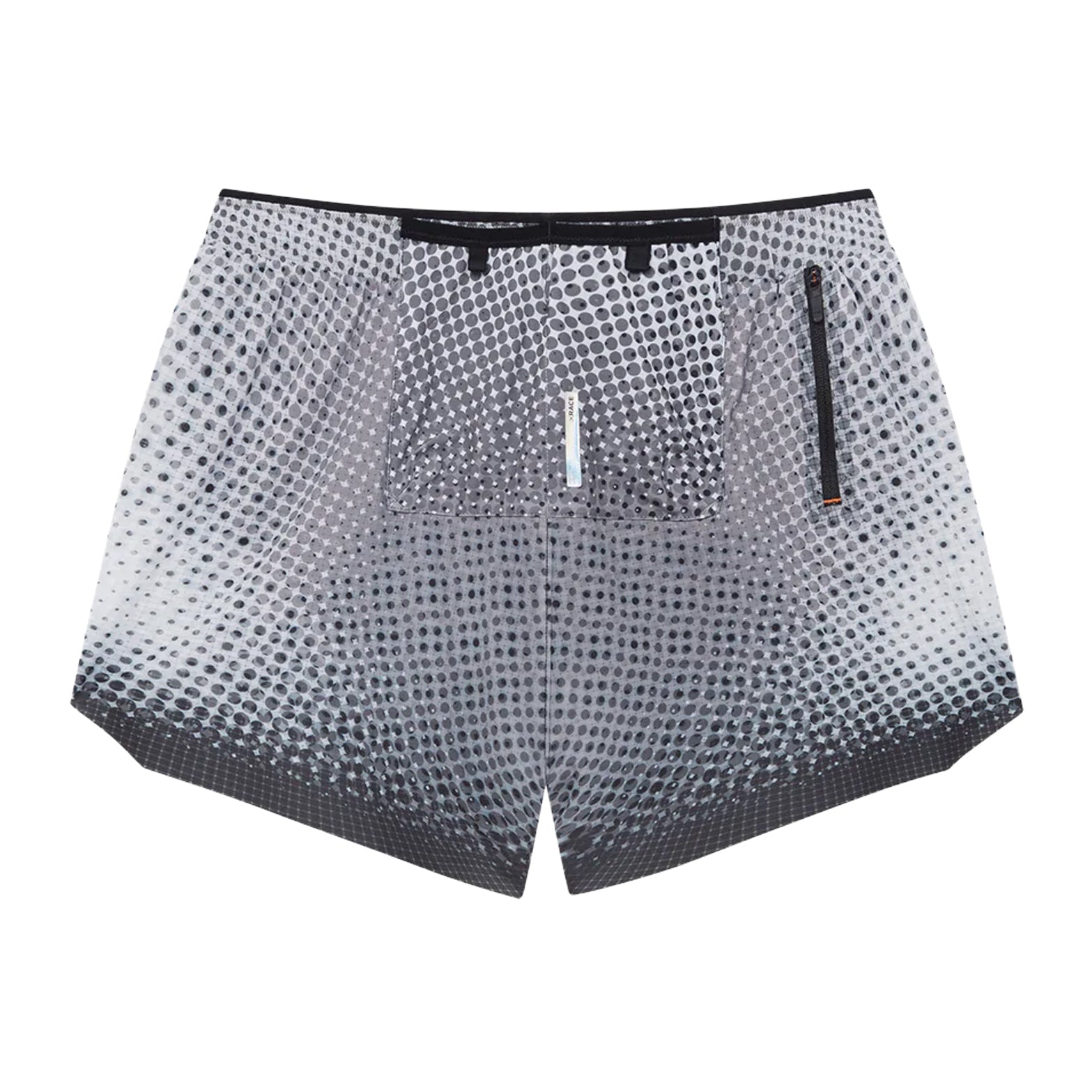 Men's Soar Marathon Shorts Black White Dot back view showing external four-gel mesh pouch and zipped essentials rear pocket