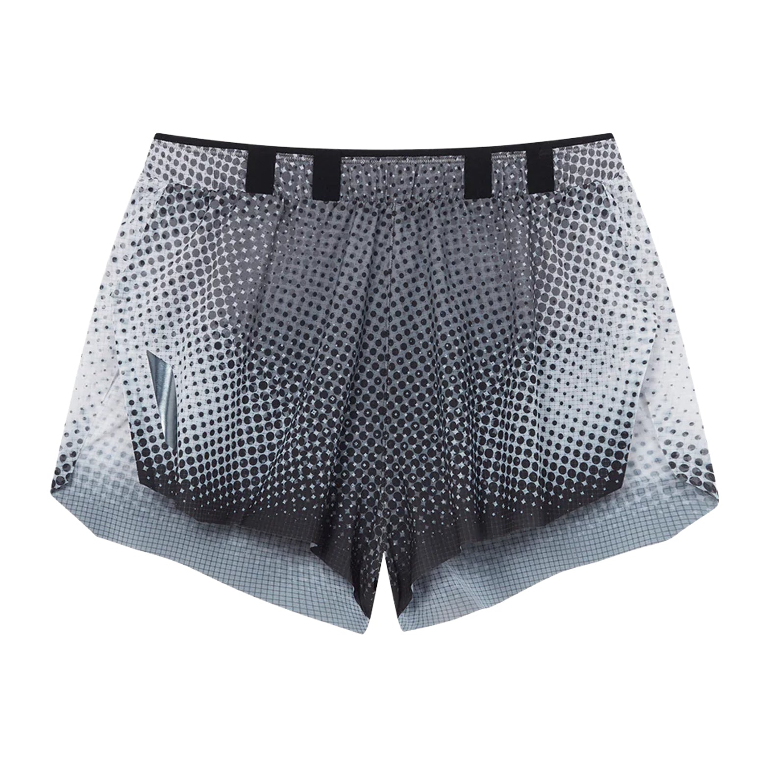 Men's Soar Marathon Shorts Black White Dot front view showing stretch mesh construction, front waistband gel loops and laser-cut hem detail