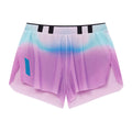 Men's Soar Marathon Shorts Blue Magenta front view showing stretch mesh construction, front waistband gel loops and laser-cut hem detail