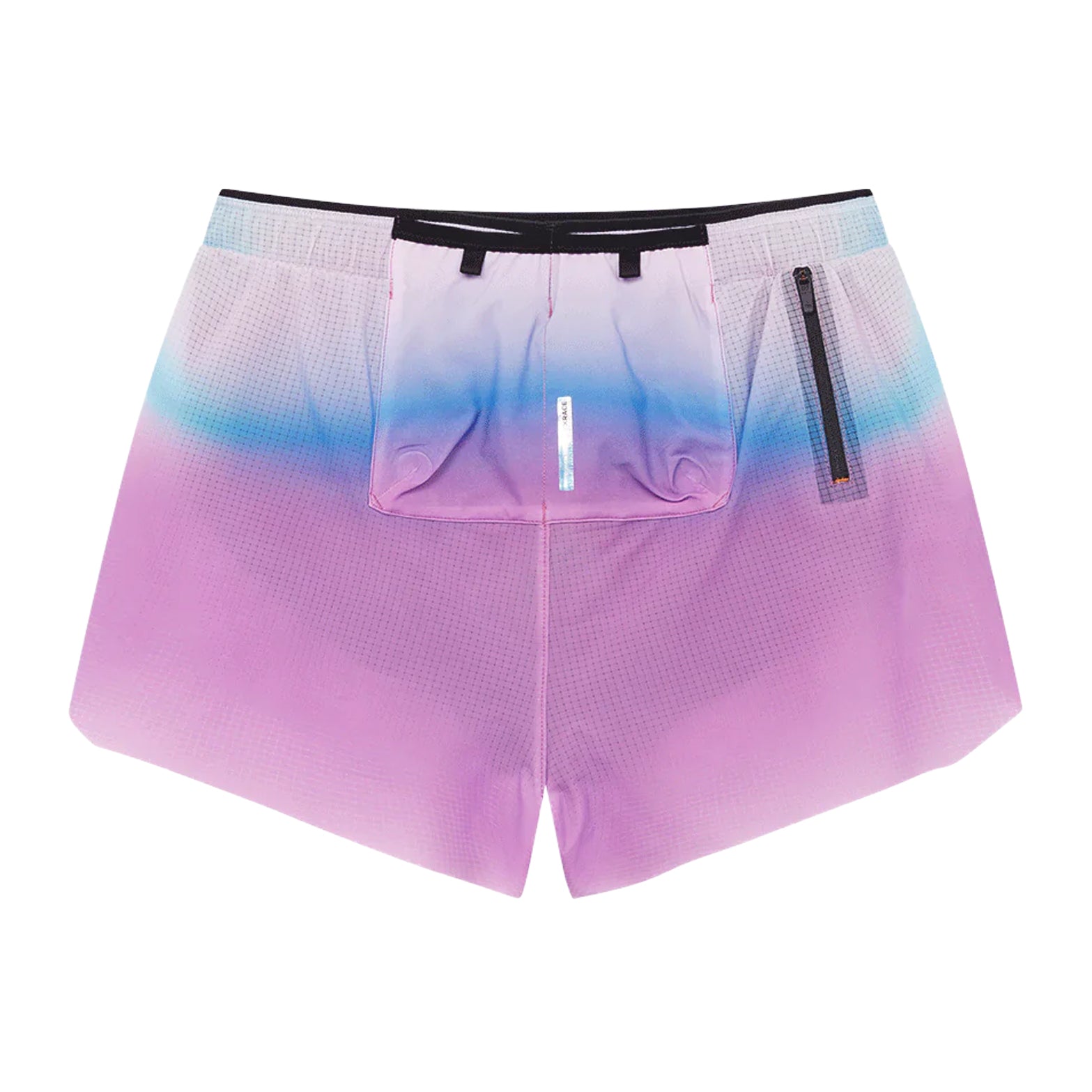 Men's Soar Marathon Shorts Blue Magenta back view showing external four-gel mesh pouch and zipped essentials rear pocket